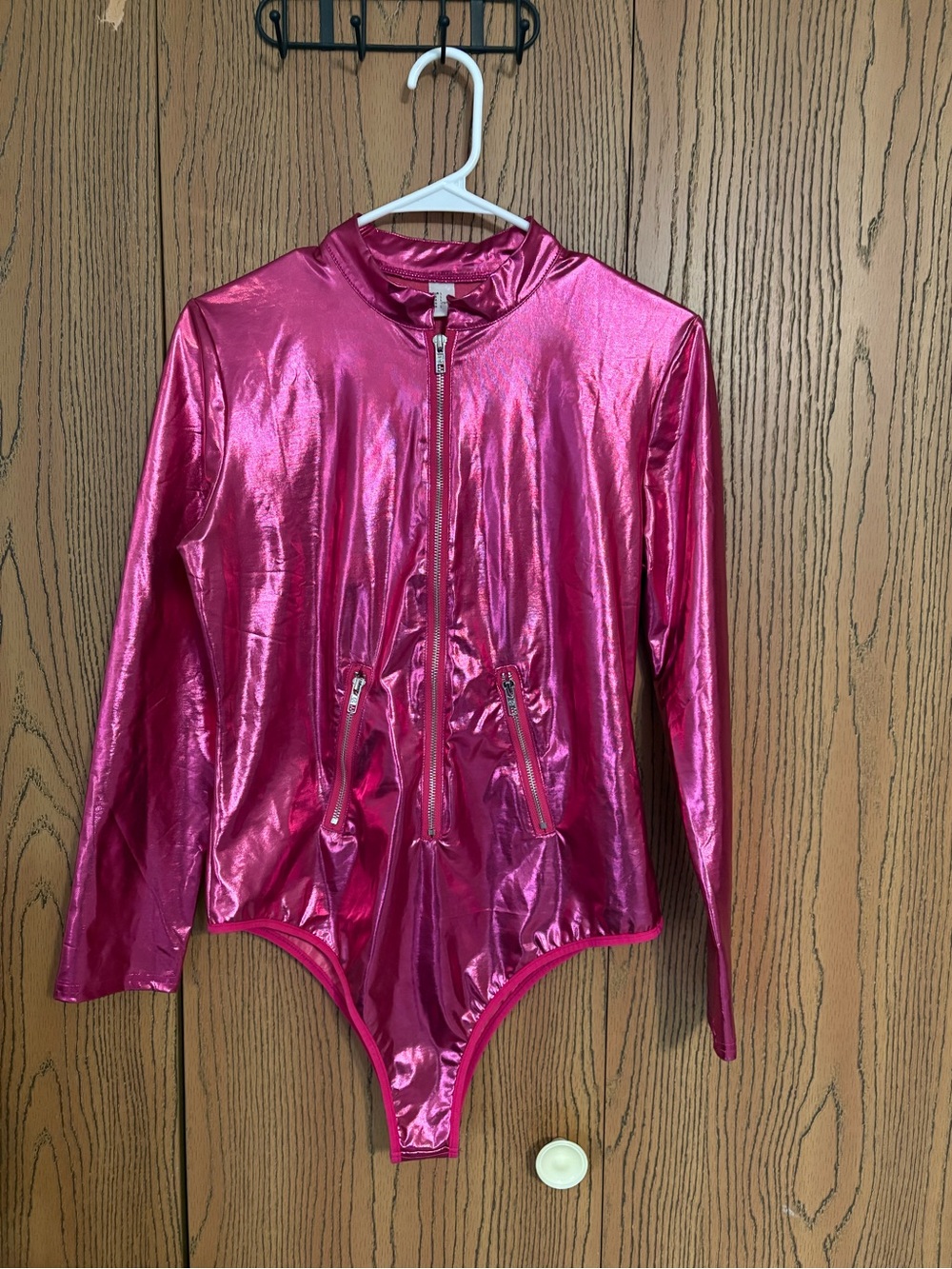 Hot Pink Metallic Body Suit with Zipper Detailing